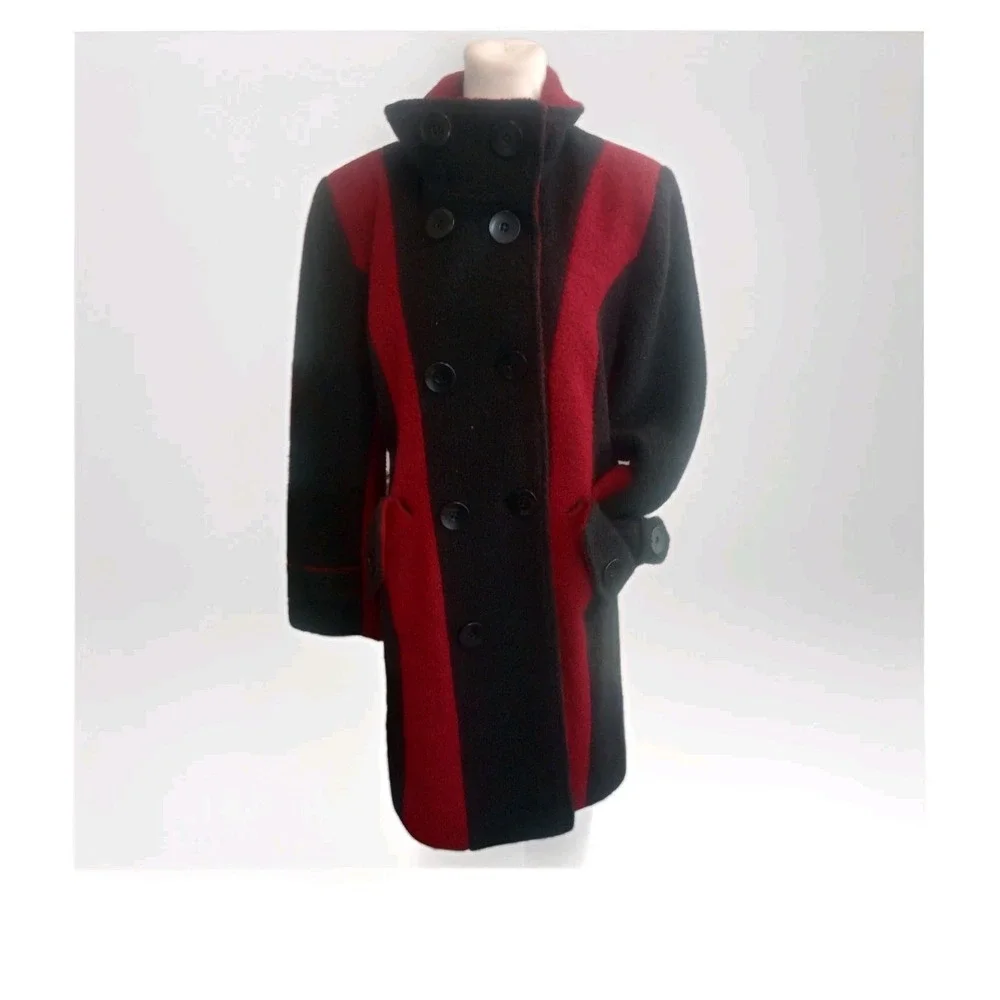 Mark Reed Red Black Statement Wool Trench Dress Jacket Size 12P Lined Old Money